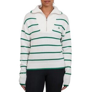 United Colors of Benetton Womens Green Striped 100% Cotton Quarter Zip Sweater L